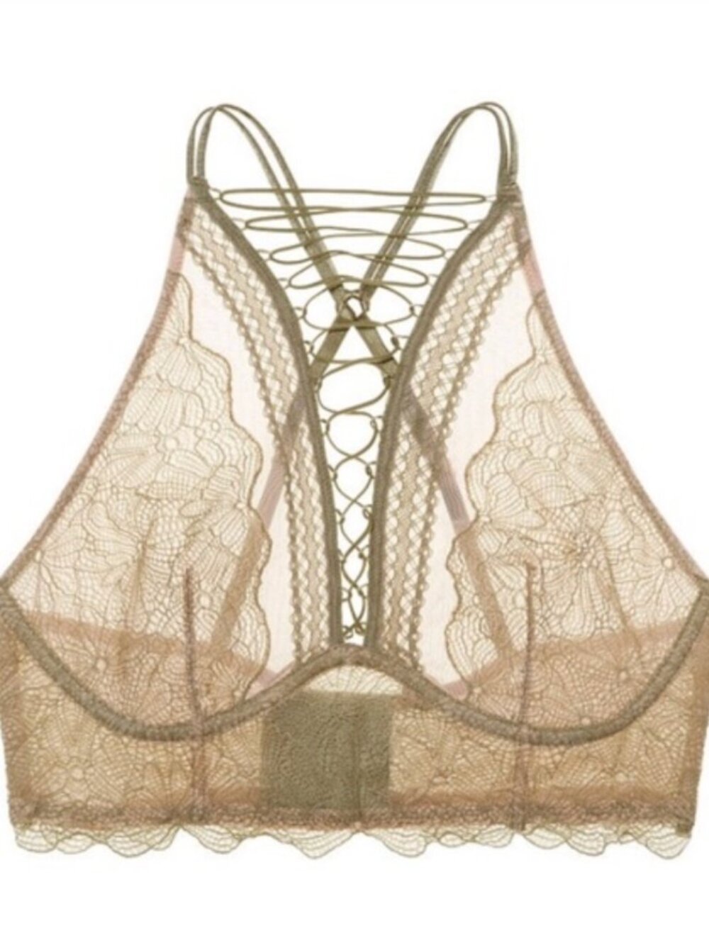 VICTORIA'S SECRET Very Sexy High Neck Lace Up Sage Green Lace Bralette XL Fairy - Picture 2 of 13